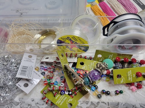 Large Box Bead Jewelry Charm Making Kit W/Tools & Storage Bin Wire Hemp Cord - Picture 3 of 18