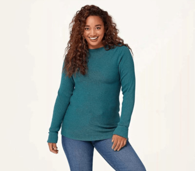 Logo Lori Goldstein Women's Ribbed Stitch Cloudia Sweater Teal Large Mock Neck