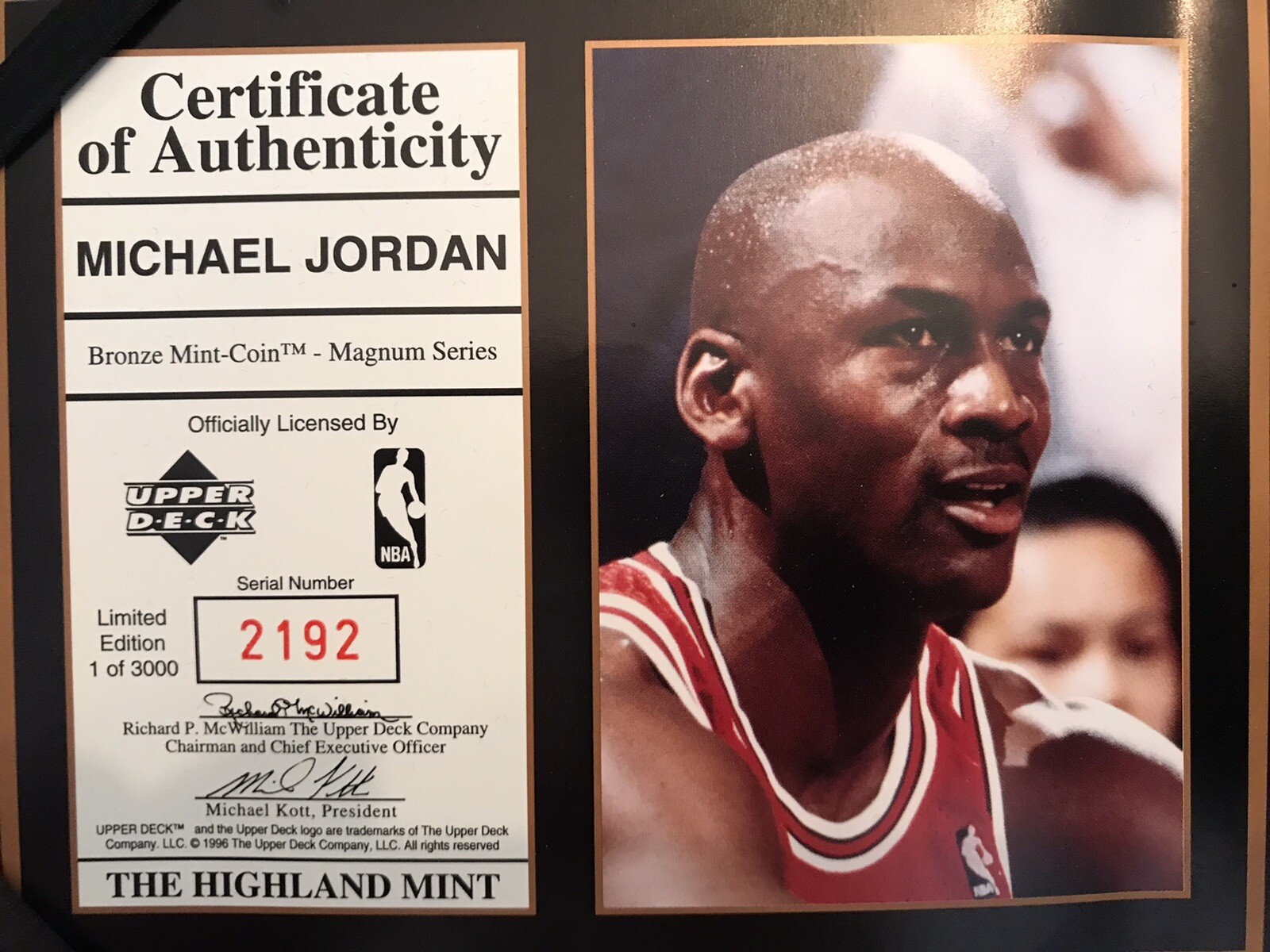 1996 THE HIGHLAND MINT MICHAEL JORDAN BRONZE MINTCOIN MAGNUM SERIES