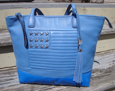 AIMEE KESTENBERG Blue Leather Large Tote Flag Handbag Shoulder Boho Hobo Patriot