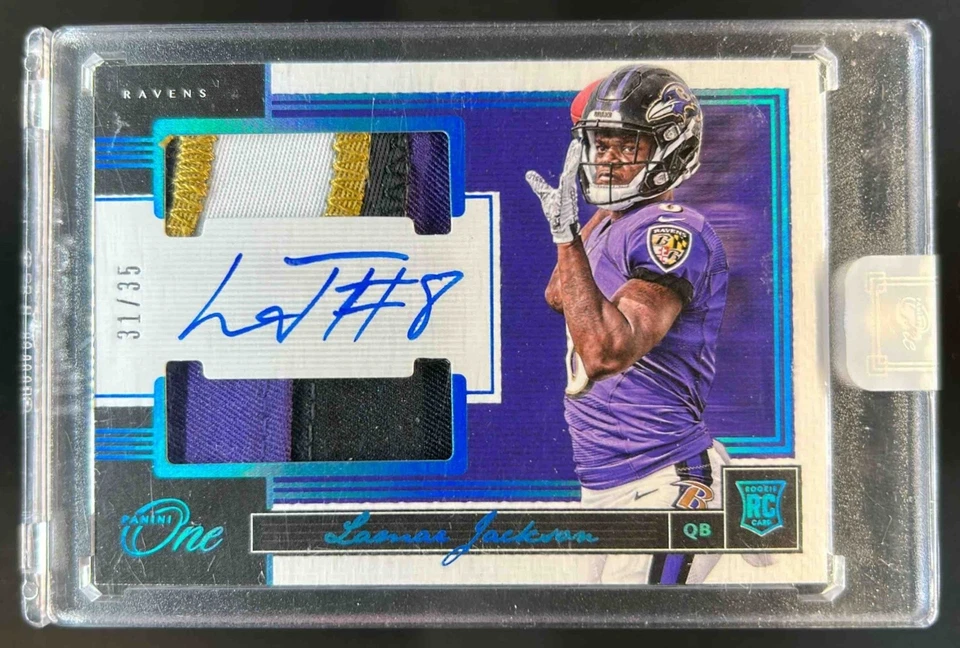 Panini One Lamar Jackson Rookie 2018 parche doble automático radiocontrol azul #31/35 Ravens