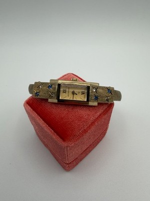 Vintage Bucherer Swiss Manual Gold Plated Gemstone Star Bangle Cuff Watch 60s