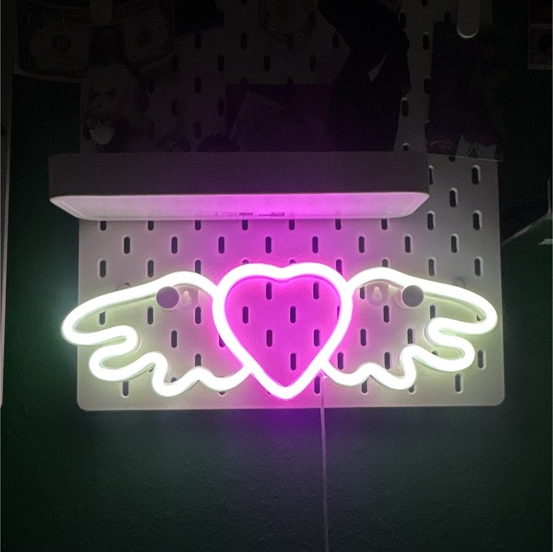 LED Neon Heart Wings Wall Mounted Night Light, Pink/White, Plug-In, Modern