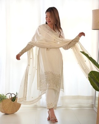 New Exclusive  Chinon Silk  Top Palazzo With Dupatta For Women Wear Sequence
