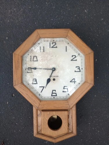 Antique New Haven Octagonal Oak Wall Clock