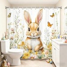 Cute Bunny Flower Shower Curtain Easter 70"W x 70"L Pack of 1 Brown White