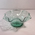 BLENKO Vintage Crackle Glass Bowl #3744 Ruffled Fluted Crimped Sea/Antique Green