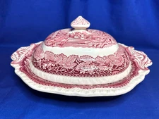 Masons china pink Vista pattern oval covered vegetable bowl