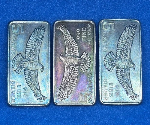 (x3) TONED 5 GRAM .999 FINE SILVER MONARCH EAGLE BAR