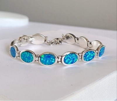 Vintage Boho Blue Fire Opal Inlay Oval Chain Link Sterling Silver Bracelet