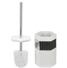 Quilted Mirror Bathroom Brush Set - White Bowl Brush and Holder - Good Grip B...