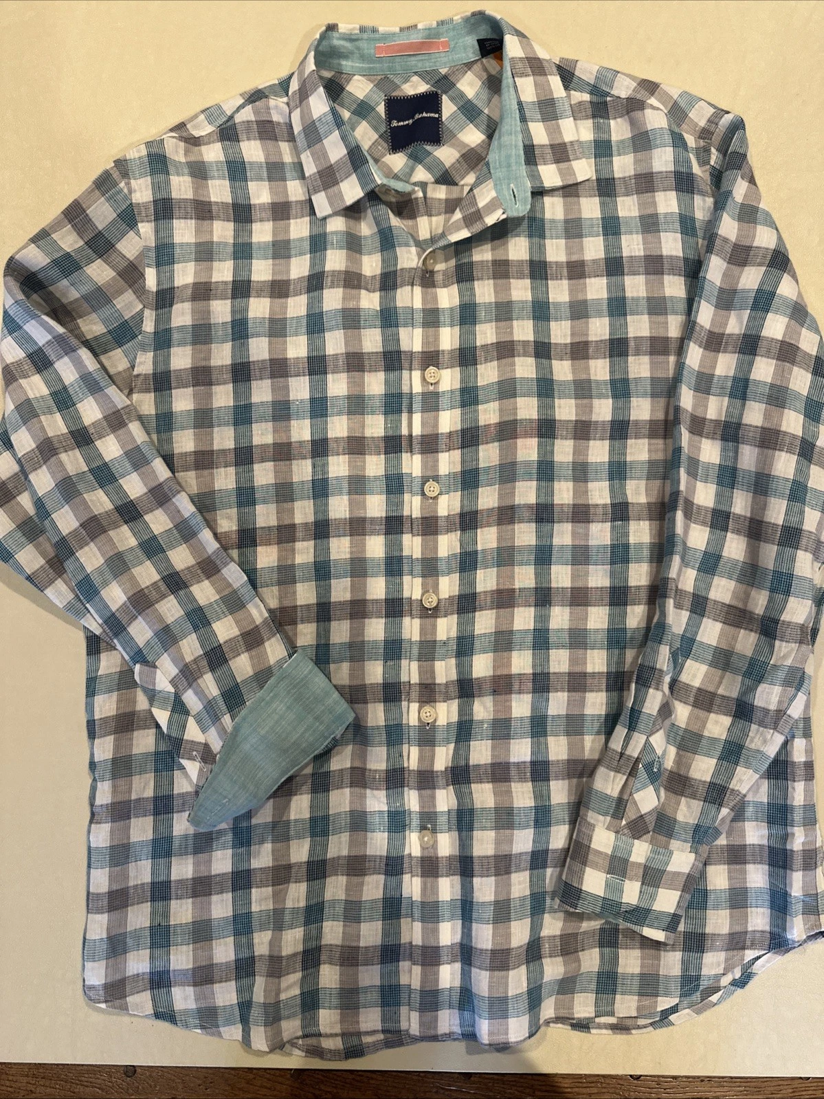Tommy Bahama Mens XL Button Up Blue Plaid Long Sleeve Shirt 100% Linen
