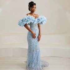 Gorgeous Mermaid Party Dresses Off Shoulder Lace Flowers Crystal Evening Gowns