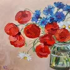 meadow flowers painting original, poppy oil painting, bouquet of meadow flowers