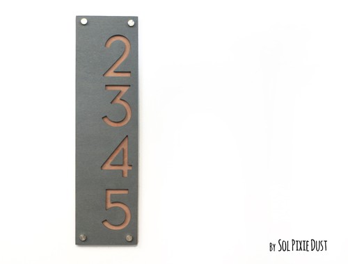 Modern House Numbers, Concrete with Natural Wood - Vertical 2 - Sign Plaque
