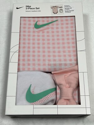 Nike Newborn 0-6 Months 3 Piece Set Bodysuit Headband Bib Pink Boxed Baby Gift