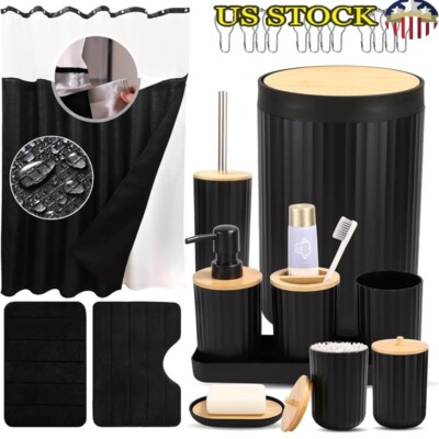 24Pcs Bathroom Accessories Set Shower Curtain Bath Rug Trash Can Toilet Brush US