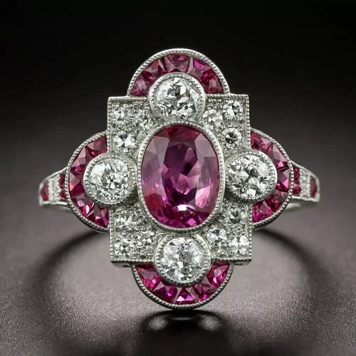 Vintage Art Deco Style Ruby & Lab-Created Diamond Wedding 14K White Gold FN Ring