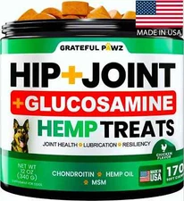 Hemp Hip and Joint Supplement for Dogs, Glucosamine 170 Joint Pain Relief Treats