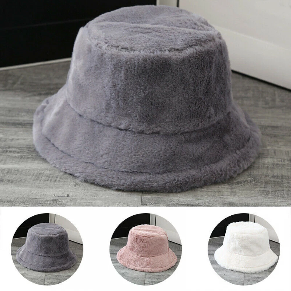 Women Winter Fluffy Plush Bucket Hat Ladies Warm Faux Fur Soft