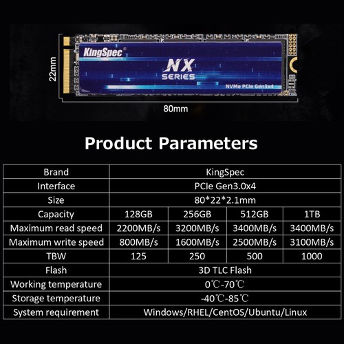 KingSpec NX 128GB M.2 NVMe Solid State Drive SSD PCIe Gen3.0x4 Interface D9A0 - Picture 7 of 8