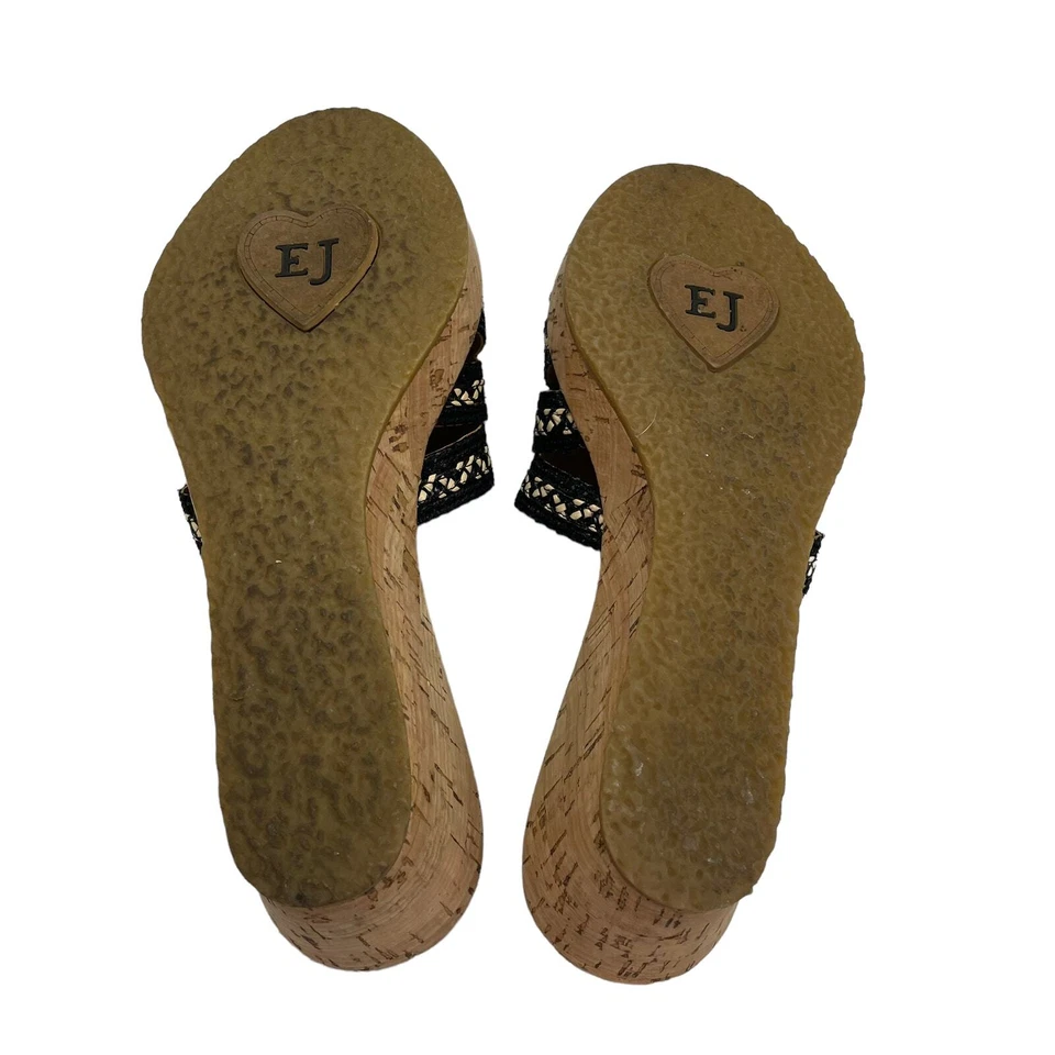 Eric Javits Rafia Slide Cuero Negro Trenzado Sin Cordones Cuña Mujer 8 Estrecha Foto 4 de 4