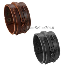 Mens Handmade Genuine Vintage Wide Leather Wrist Cuff Wrap Bracelet Adjustable