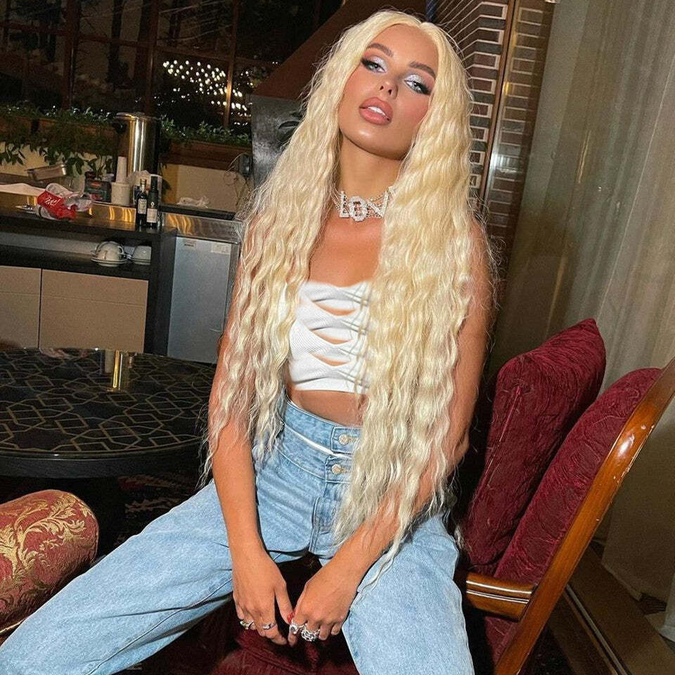 Long Deep Curly Wave Wig Honey Blonde Synthetic Lace Front  display picture 1