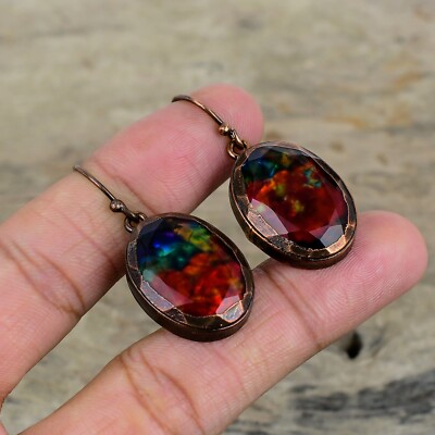 Ammolite Copper Gift For Bridesmaid Electroformed Drop/Dangle Earrings 1.81''