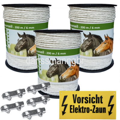 600 m Weidezaunseil 6 mm 6 Niro+5 Verbinder+Warnschild Seil Weidezaun