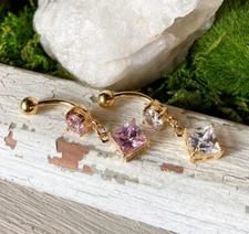 1pc Gold Plated Diamond-Shaped Dangle Gem Belly Ring Square Navel Naval Jewelry