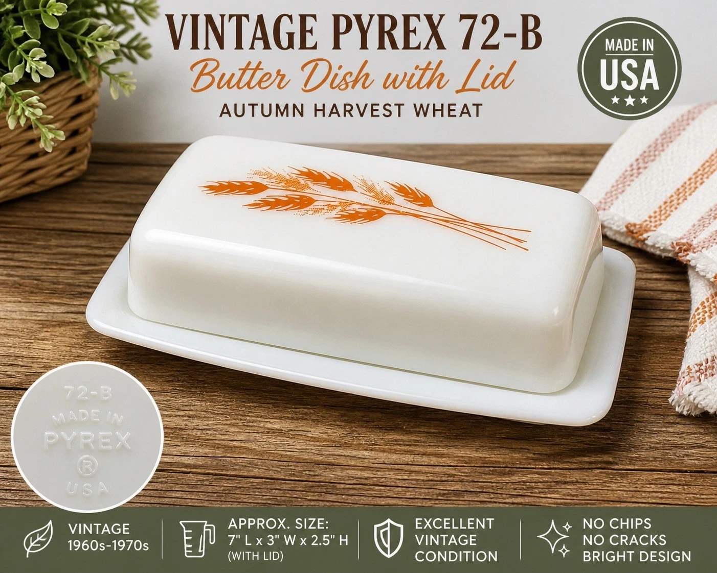 Vintage Pyrex 72-B Butter Dish w Lid Autumn Harvest Wheat Milk Glass USA
Opens in a new window or ta