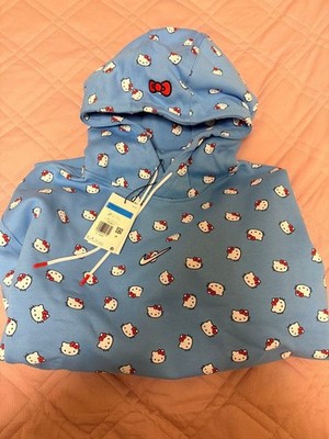 Nike x Hello Kitty Fleece Hoodie Soft Blue Full Print Red Bow M Neu