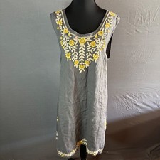 Johnny Was Los Angeles Linen Embroidered Dress Sleeveless Drawstring Gray