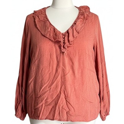 Ava Viv Blouse Plus 1X Coral Pink Long Sleeve Ruffles Neck Romantic Feminine