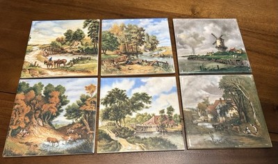 J.C. Van Hunnik VTG Rural Scene on 4 Ceramic Tiles - Unmarked Windmill & River-2