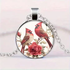 Cardinal Bird Round Necklace Jewelry Silvery Nature  Animal Butterfly Pendant A