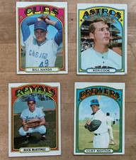4 - 1972 Topps Baseball Cards Buck Martinez, Bill Hands, Ron Cook, Curt Motton ⚾