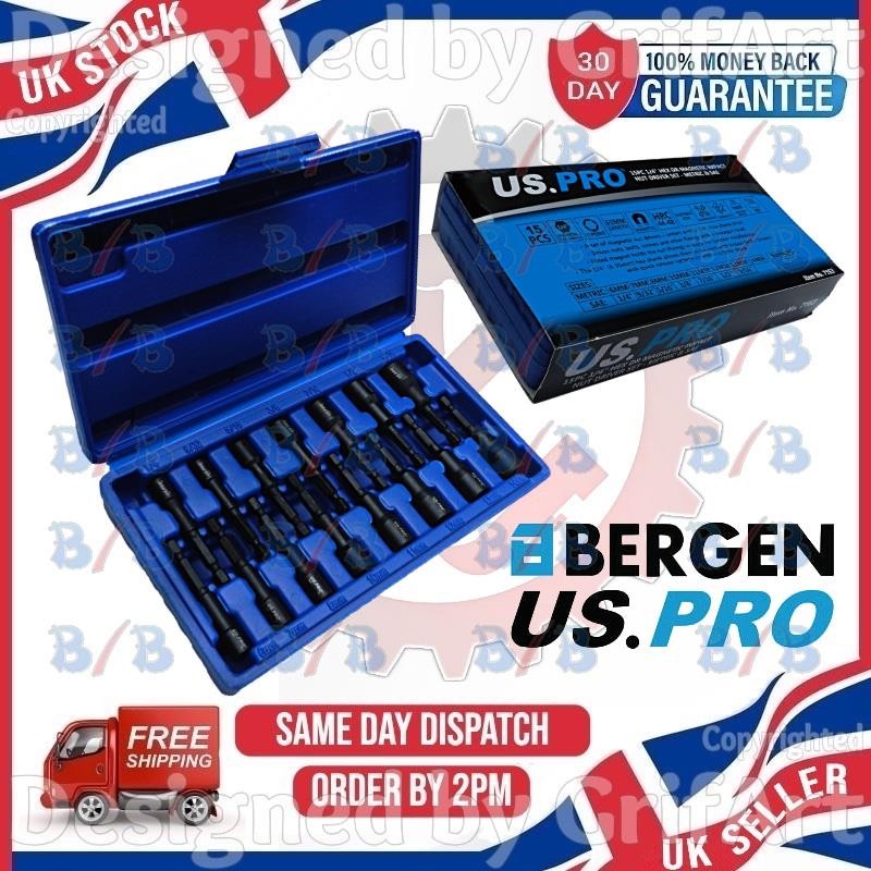 US PRO 15PC MAGNETIC METRIC IMPERIAL HEX IMPACT DRILL NUT DRIVER SET 1/4"" DRIVE