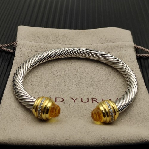 David Yurman Two Tone Cable Bangle 925Silver 18K Gold Citrine & Pavé Diamonds7mm