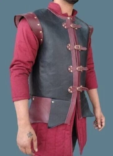 Chaleco de cuero Jerkin rojo y negro medieval de cuero chaqueta de cuero armadura LARP vikinga Foto 2 de 3