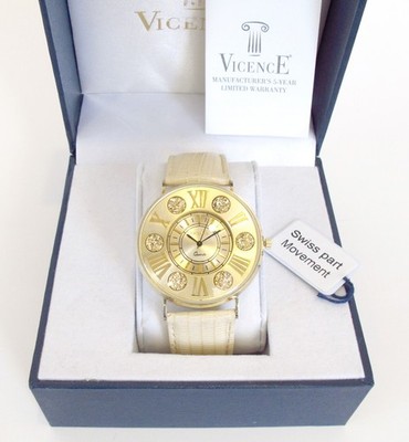 14K Gold VICENCE 41 mm Case Quartz Watch Beige Leather Strap