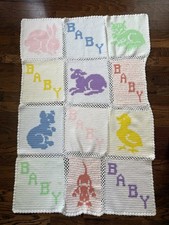 1970s Afghan Baby Blanket Crochet Pastels And Animals 38 x 58 Vintage Nursery