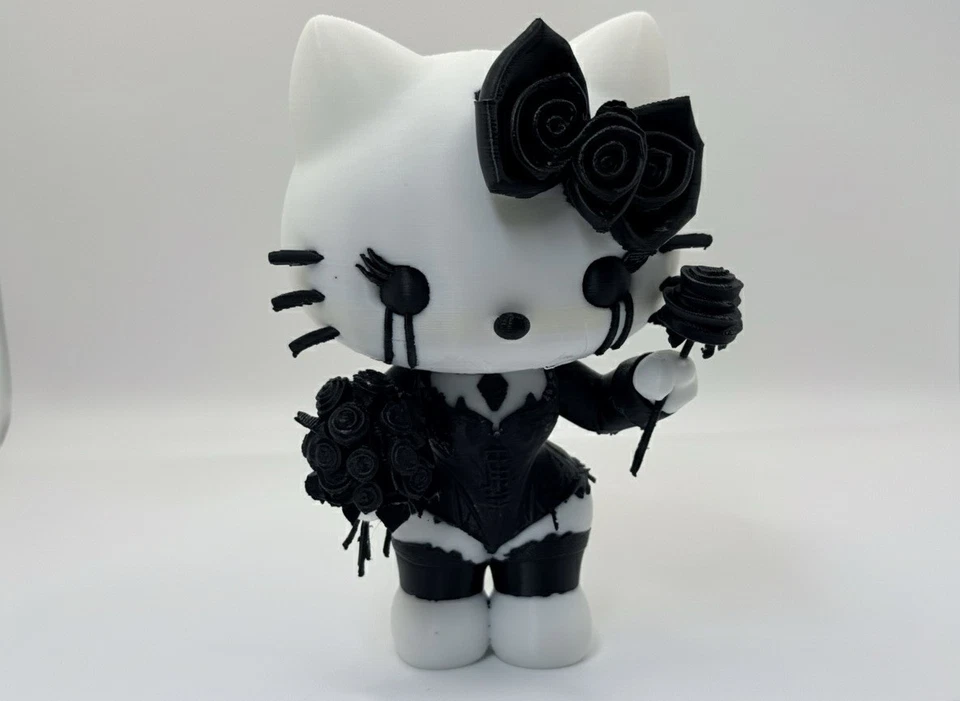 3D Printed Gothic Hello Kitty Figure Model Emo With Black Roses & Bow Decoration - Image 4 of 4