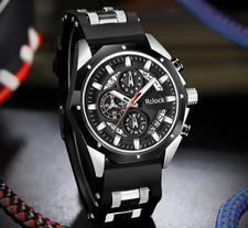 Men Fashion Stainless Steel Sports Chronograph Watch Black Silicone Strap Gift