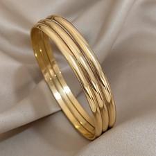 3Pcs Waterproof 18K Gold Plated Stainless Steel Bangles, Hypoallergenic Jewelry