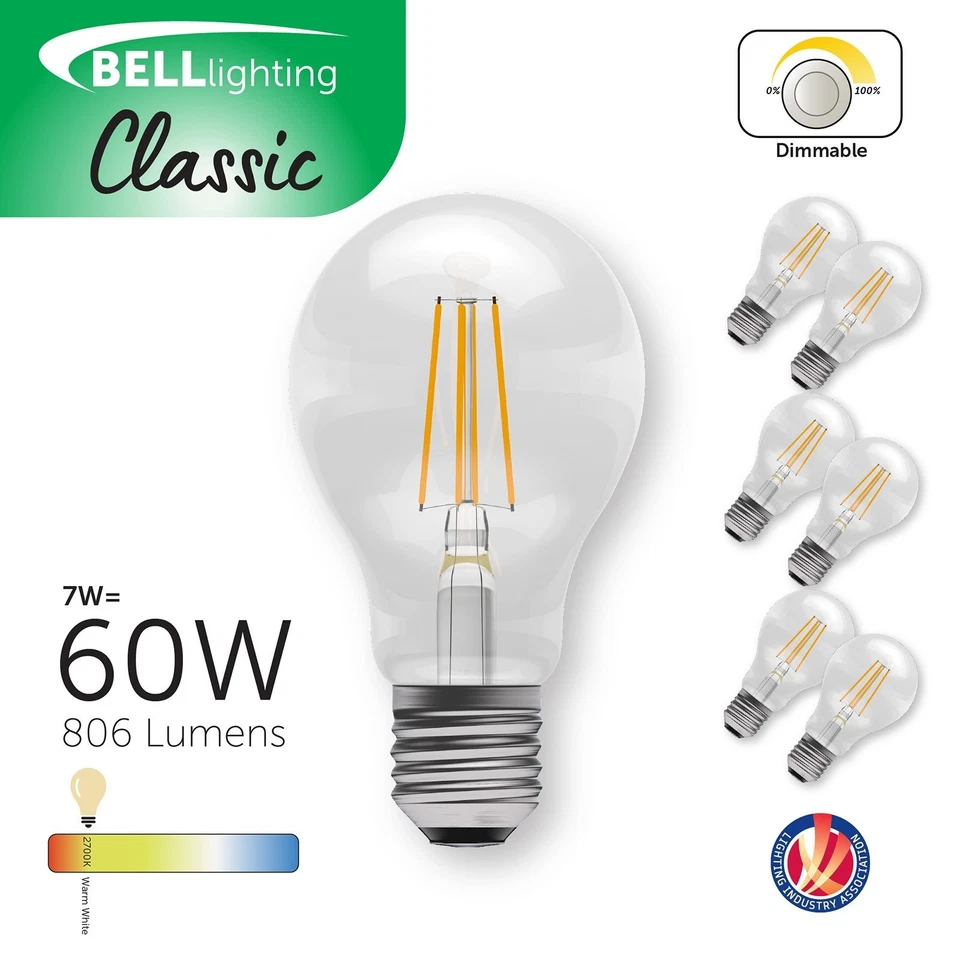 BELL Lighting E27 Filament LED Bulbs Warm White | 7W 810lm | Dimmable Screw Cap