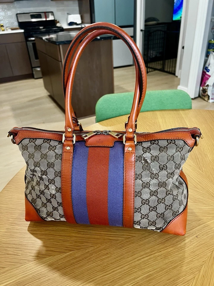 Bolso de Mano GUCCI Vintage GG Monograma Naranja y Púrpura Telaraña Bolso Boston RARO con Bolsa para el Polvo Foto 2 de 4