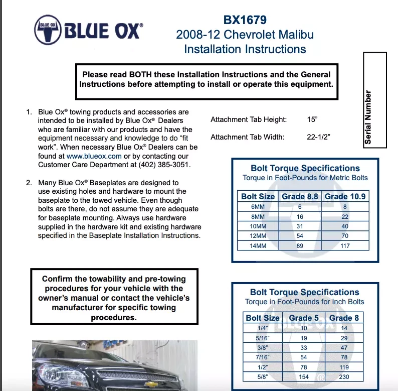 Placa base de barra de remolque Blue Ox BX1679 para Chevrolet Malibu 2008-2012 (sin modelos LTZ) Foto 2 de 4