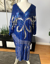 VTG Blue Silver Deco Gatsby Silk Sequin Flapper Maxi Top Kimono Midi Dress L
